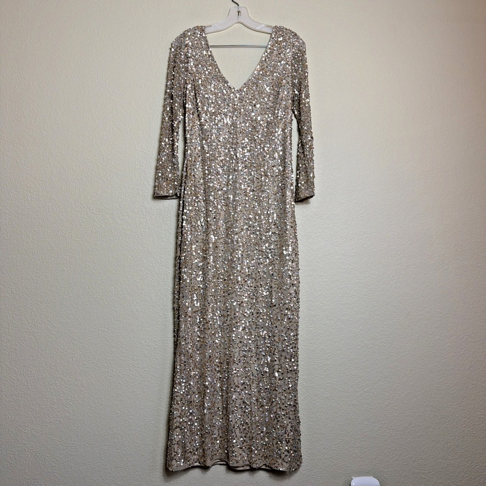 JS Collections Gown 12 Women Sequin Maxi Dress Gold Champagne V-Neck Long Sleeve